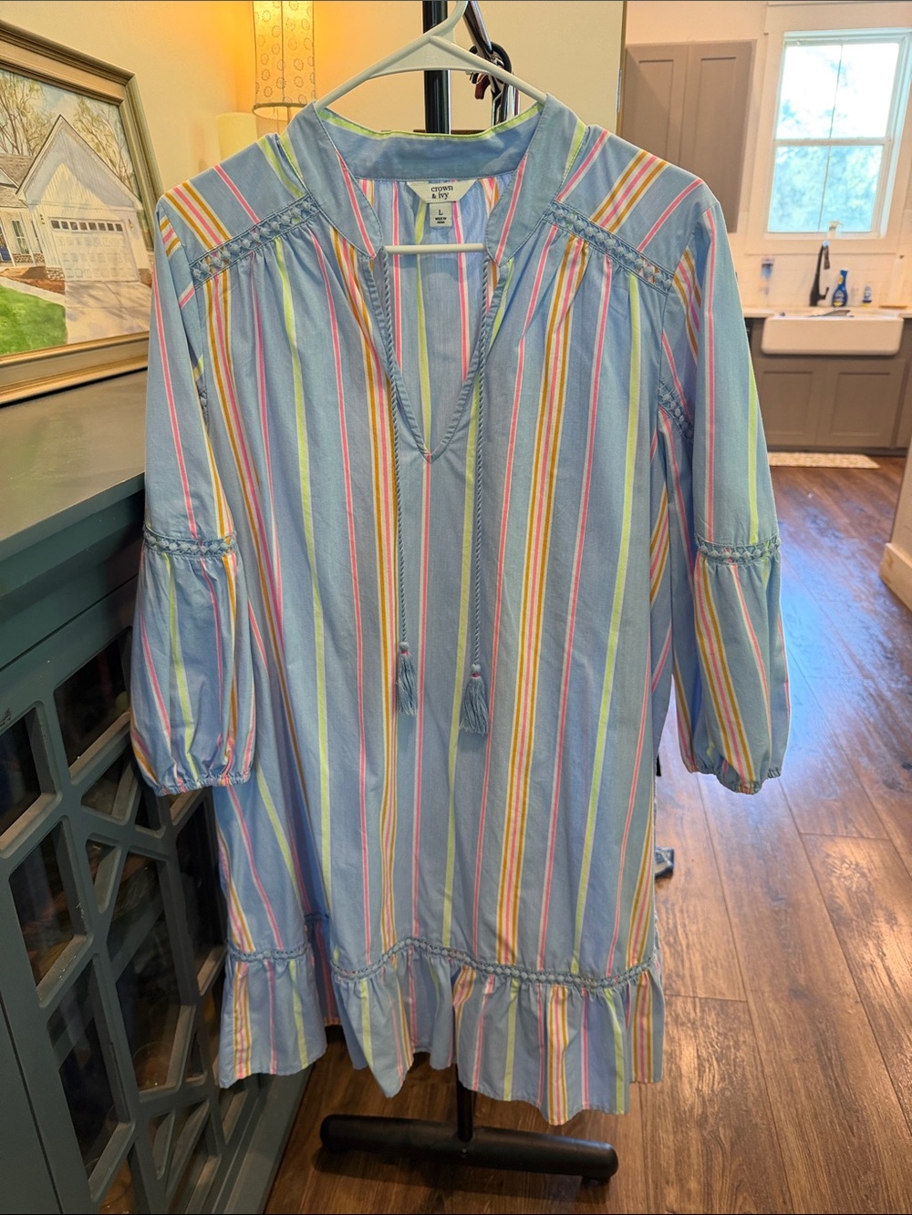 crown & ivy Blue Multicolor Striped Tunic Dress with Tassel Tie